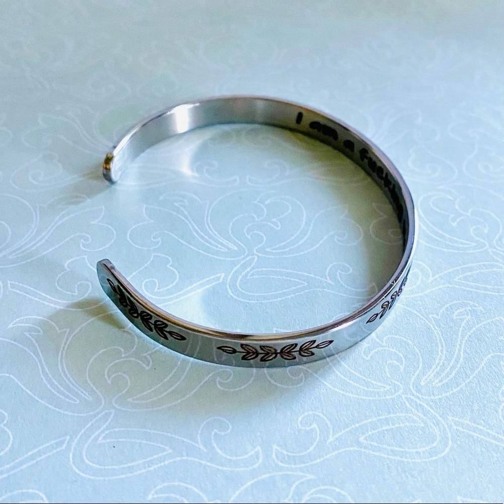 Silver Bracelet w Hidden message “I am a f*cking warrior” bangle cuff jewelry - Picture 2 of 6